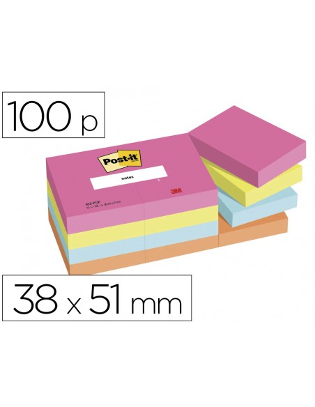 Bloc de notas adhesivas quita y pon post-it poptimistic 38x51 mm con 100 hojas pack de 12 unidades