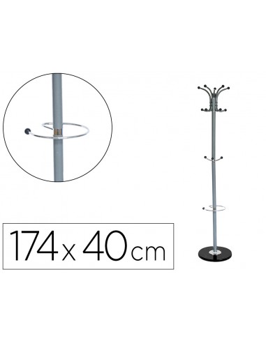 Perchero metalico q-connect gris de pie 10 colgadores y paraguero 174x40cm