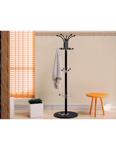 Perchero metalico q-connect negro de pie 10 colgadores y paraguero 174x40 cm