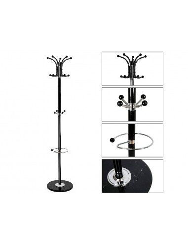 Perchero metalico q-connect negro de pie 10 colgadores y paraguero 174x40 cm