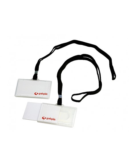 Identificador con cordon plano negro grafoplas 65x95 mm con apertura lateral Identificador con cordon plano negro grafoplas 65x95 mm con apertura lateral