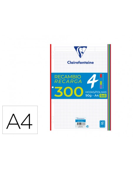 Recambio clairefontaine din a4 300 hojas 90 gr cuadro 5 mm con bandas de 5 colores vivos