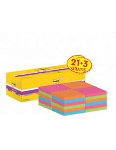 Bloc de notas adhesivas quita y pon post-it super sticky 76x76 mm 90 hojas colores surtidos pack de 21 + 3