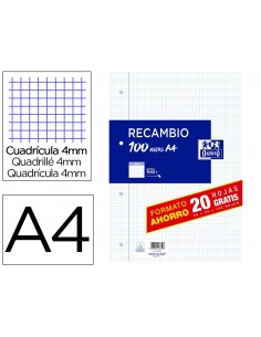 Recambio oxford a4 80 hojas + 20 gratis 90 gr cuadro 4x4 mm con margen