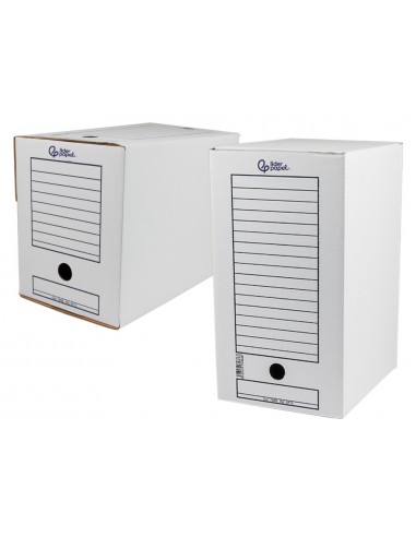 Caja archivo definitivo liderpapel folio doble ancho carton reciclado 400g/m2 lomo 200 mm blanco 367x200x251 mm