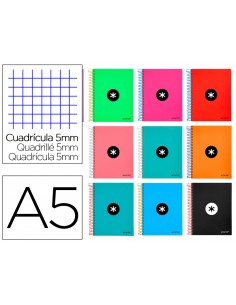 Cuaderno espiral a5 micro antartik tapa forrada120h 90gr cuadro 5mm 5 bandas 6 taladros colores surtidos