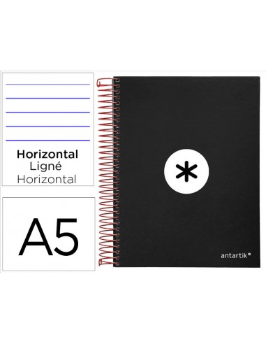 Cuaderno espiral a5 micro antartik tapa forrada 120h 90 gr horizontal 5 bandas 6 taladros color negro