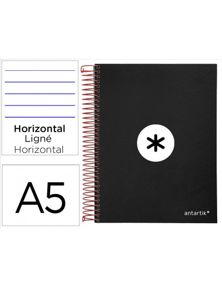Cuaderno espiral a5 micro antartik tapa forrada 120h 90 gr horizontal 5 bandas 6 taladros color negro