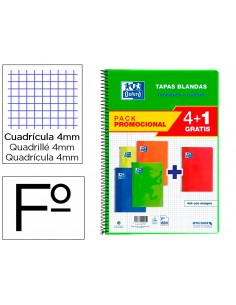 Bloc espiral oxford tapa blanda folio 80 hojas 90gr cuadro 4 mm colores vivos pack de 4+1