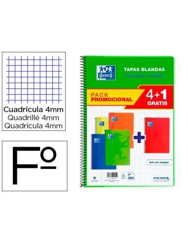 Bloc espiral oxford tapa blanda folio 80 hojas 90gr cuadro 4 mm colores vivos pack de 4+1