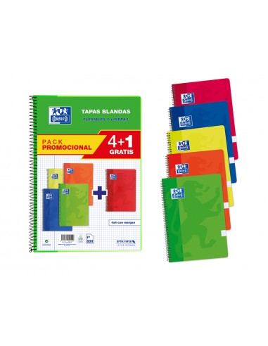 Bloc espiral oxford tapa blanda folio 80 hojas 90gr cuadro 4 mm colores vivos pack de 4+1