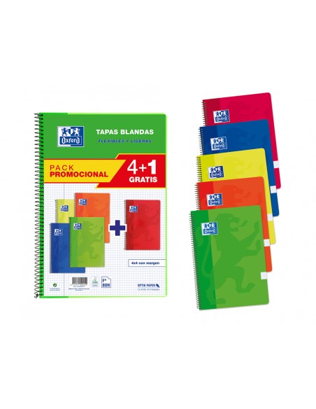 Bloc espiral oxford tapa blanda folio 80 hojas 90gr cuadro 4 mm colores vivos pack de 4+1