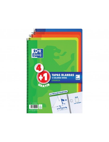Bloc espiral oxford tapa blanda folio 80 hojas 90gr cuadro 4 mm colores vivos pack de 4+1