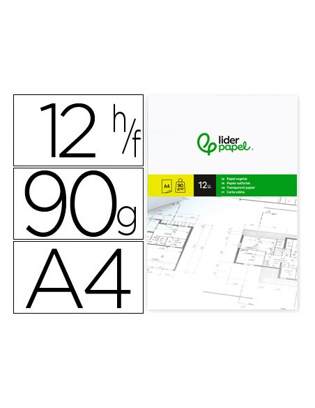 Papel vegetal liderpapel din a4 90gr 210x297mm sobre de 12 hojas