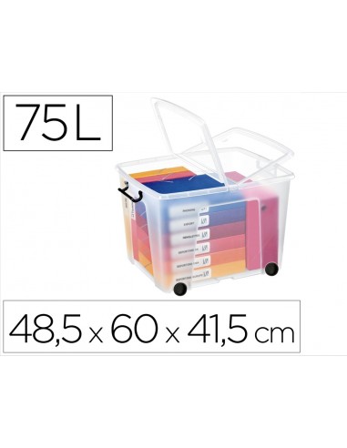 Contenedor plastico cep 75 litros 485x600x415 mm transparente con tapa cierre hermetico y 4 ruedas