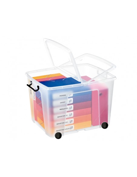 Contenedor plastico cep 75 litros 485x600x415 mm transparente con tapa cierre hermetico y 4 ruedas