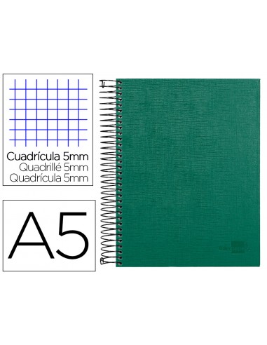 Cuaderno espiral liderpapel a5 micro papercoat tapa forrada 140h 75gr cuadro5mm 5 banda s 6 taladros verde
