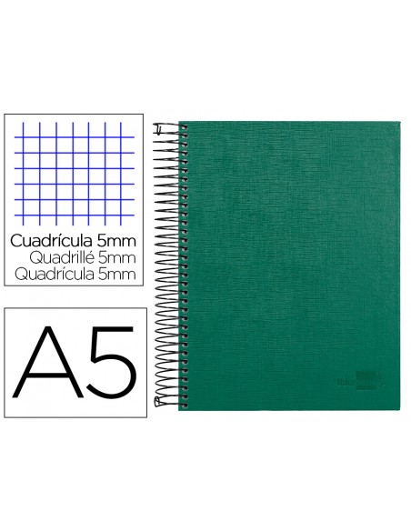 Cuaderno espiral liderpapel a5 micro papercoat tapa forrada 140h 75gr cuadro5mm 5 banda s 6 taladros verde