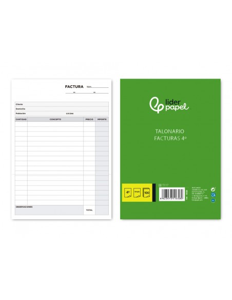 Talonario liderpapel facturas cuarto original t117 sin i.v.a