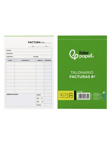 Talonario liderpapel facturas 8º original t100 con i.v.a.