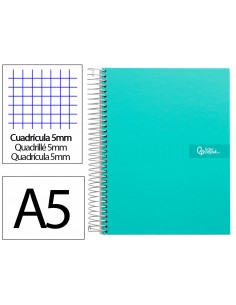 Cuaderno espiral liderpapel a5 micro crafty tapa forrada 120h 90gr cuadro 5mm 5 bandas 6 taladros color turquesa