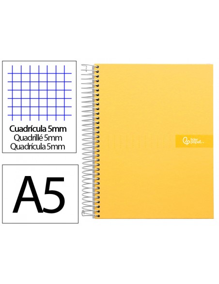 Cuaderno espiral liderpapel a5 micro crafty tapa forrada 120h 90gr cuadro 5mm 5 bandas 6 taladros color amarillo