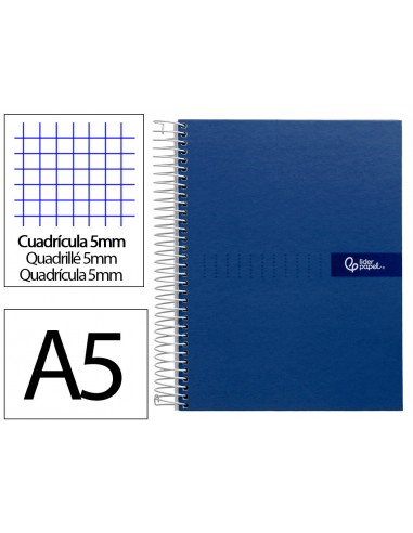 Cuaderno espiral liderpapel a5 micro crafty tapa forrada 120h 90gr cuadro 5mm 5 bandas 6 taladros color azul