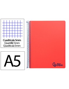 Cuaderno espiral liderpapel a5 micro wonder tapa plastico 120h 90gr cuadro 5mm 5 bandas 6 taladros color rojo