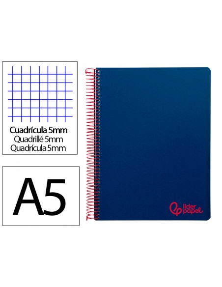 Cuaderno espiral liderpapel a5 micro wonder tapa plastico 120h 90gr cuadro 5mm 5 bandas 6 taladros color azul marino