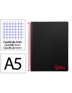 Cuaderno espiral liderpapel a5 micro wonder tapa plastico 120h 90gr cuadro 5mm 5 bandas 6 taladros color negro