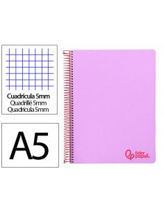 Cuaderno espiral liderpapel a5 micro wonder tapa plastico 120h 90gr cuadro 5mm 5 bandas 6 taladros color violeta