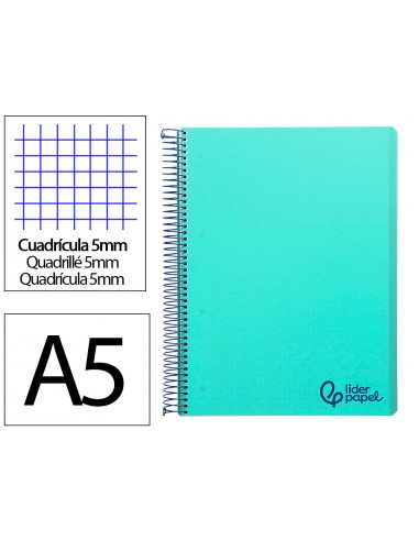 Cuaderno espiral liderpapel a5 micro wonder tapa plastico 120h 90gr cuadro 5mm 5 bandas 6 taladro color verde turquesa