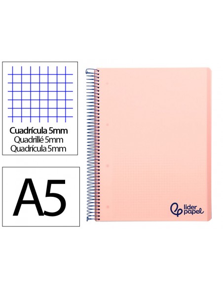 Cuaderno espiral liderpapel a5 micro wonder tapa plastico 120h 90gr cuadro 5mm 5 bandas 6 taladros color rosa