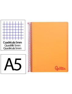 Cuaderno espiral liderpapel a5 micro wonder tapa plastico 120h 90gr cuadro 5mm 5 bandas 6 taladros color naranja
