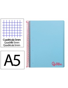 Cuaderno espiral liderpapel a5 micro wonder tapa plastico 120h 90gr cuadro 5mm 5 bandas 6 taladros color celeste