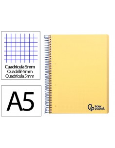 Cuaderno espiral liderpapel a5 micro wonder tapa plastico 120h 90gr cuadro 5mm 5 bandas 6 taladros color amarillo