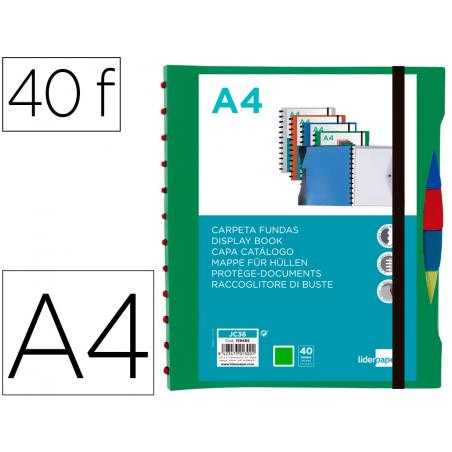 Carpeta liderpapel a4 con 40 fundas intercambiables 5 sep sobre y gomilla portada y lomo personalizable verde