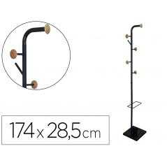 Perchero metalico q-connect negro con detalles de madera 6 colgadores y paraguero 174x28,5 cm