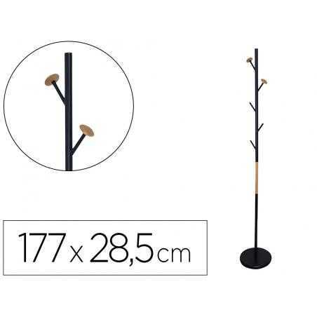 Perchero metalico q-connect negro con detalles de madera 5 colgadores 177x28,5 cm