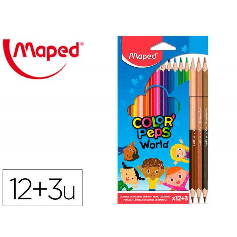 Lápices de colores maped color peps world caja de 12 colores surtidos + 3 dúo tonos de piel