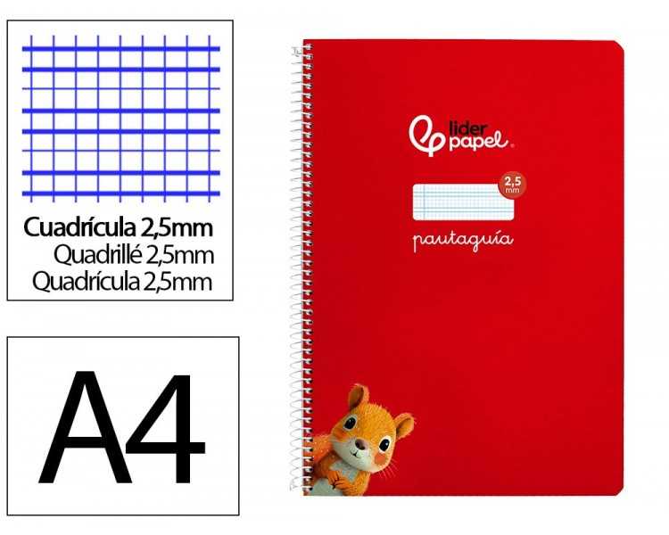 Cuaderno espiral liderpapel din a4 pautaguia tapa dura 80h 90 gr cuadro pautado 2,5mm color rojo