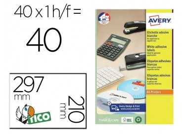 Etiqueta adhesiva avery blanca brillante laser 210x297 mm caja de 40 unidades