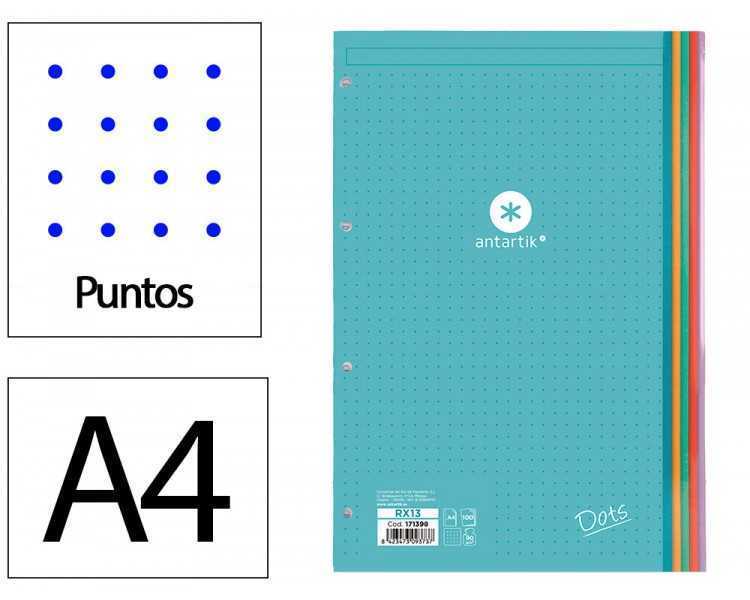 Recambio liderpapel antartik dots a4 100 hojas 90g/m2 rayado puntos 4 taladros bandas de 5 colores