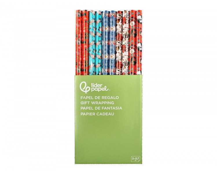 Papel de regalo liderpapel navidad rollo ancho 70 cm longitud 2 mt gramaje 60 gr diseños surtidos c-2024