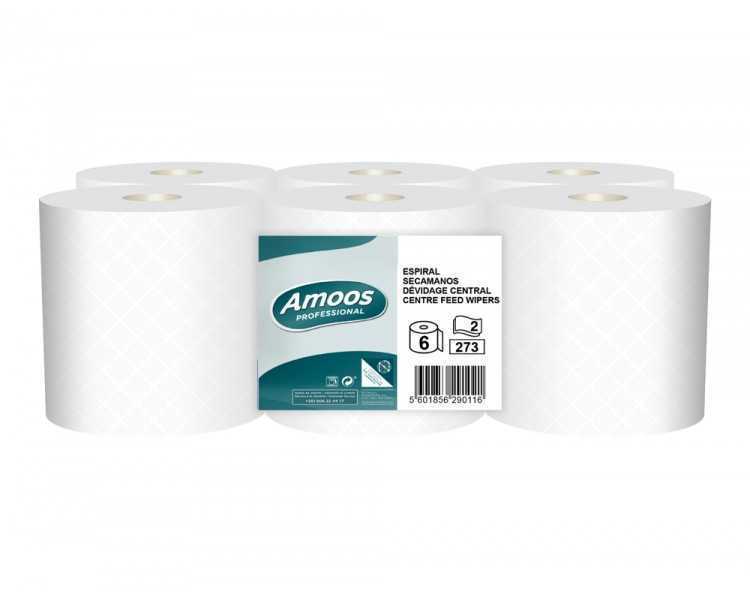Papel secamanos amoos industrial 2 capas 32g/m2 blanco 90 mt paquete de 6 rollos