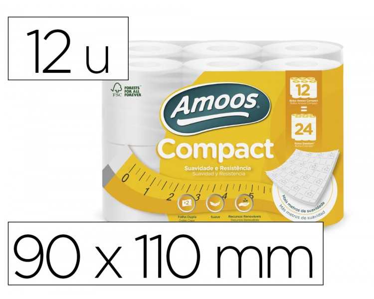 Papel higienico amoos 2 capas 110 mm diametro x 90 mm alto 30 gr/m2 paquete de 12 rollos