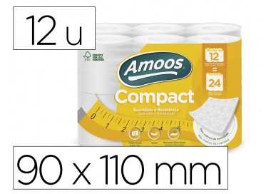 Papel higienico amoos 2 capas 110 mm diametro x 90 mm alto 30 gr/m2 paquete de 12 rollos