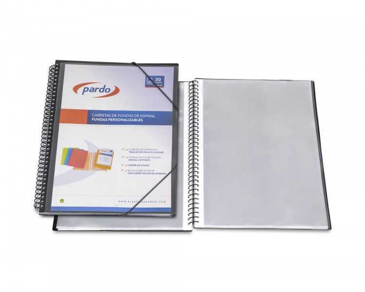 Carpeta pardo escaparate con espiral 20 fundas folio personalizable color negra
