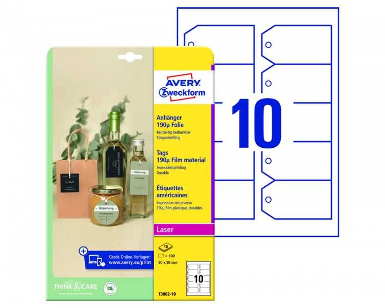 Etiqueta colgante avery blanca 90x50 mm imprimible doble cara plastico 190 mc pack de 100 unidades