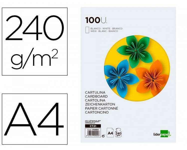 Cartulina liderpapel a4 240g/m2 blanco paquete de 100 hojas